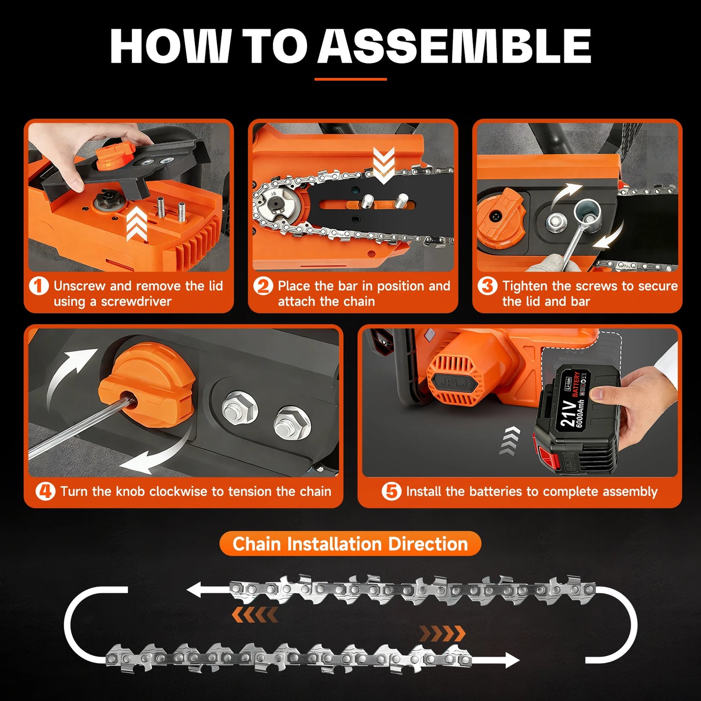 Brushless 21V Chainsaw With Two 6.0Ah Batteries and Charger