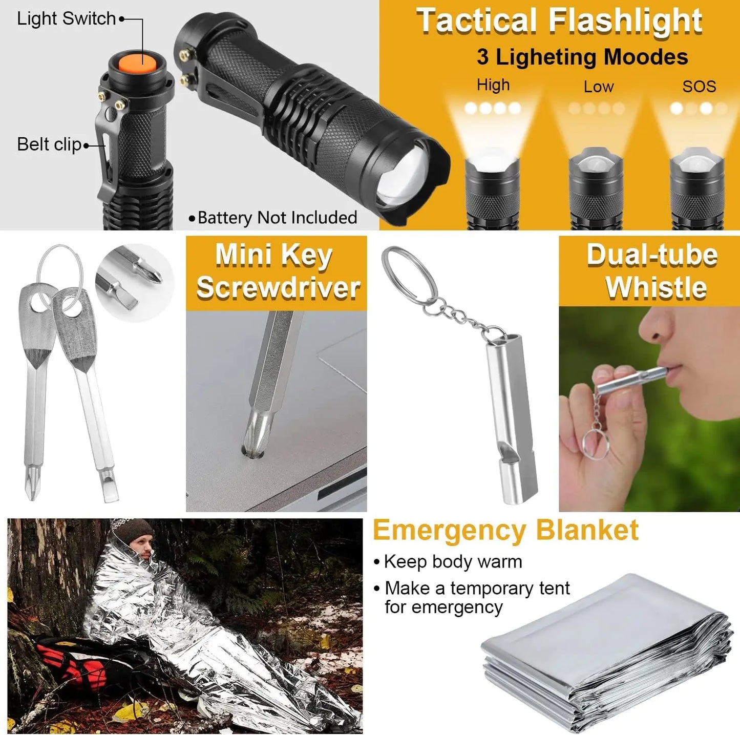 19-in-1 Survival Kit Emergency Gear With Compass And Whistle