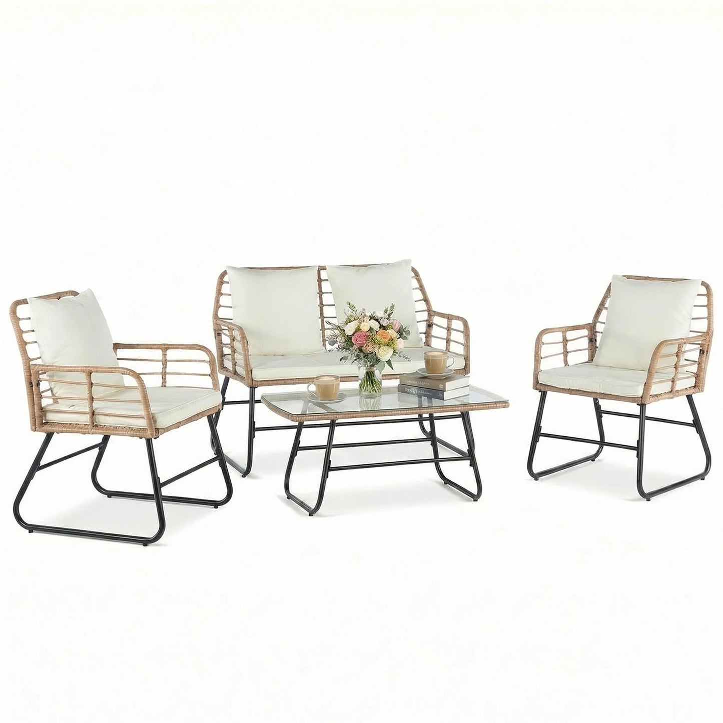 Outdoor Wicker Patio Furniture Set 4 Pieces With Cushions And Glass Table