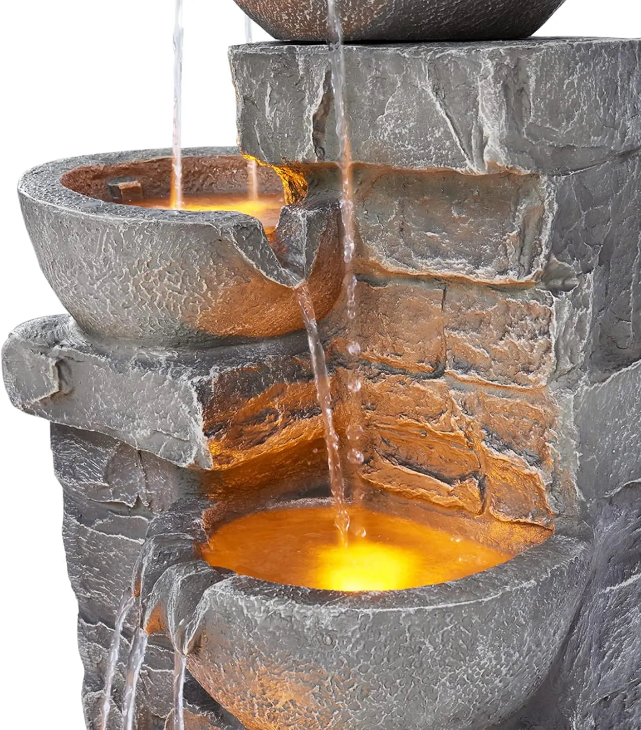 Cascading Bowls and Stacked Stones LED Outdoor Water Fountain