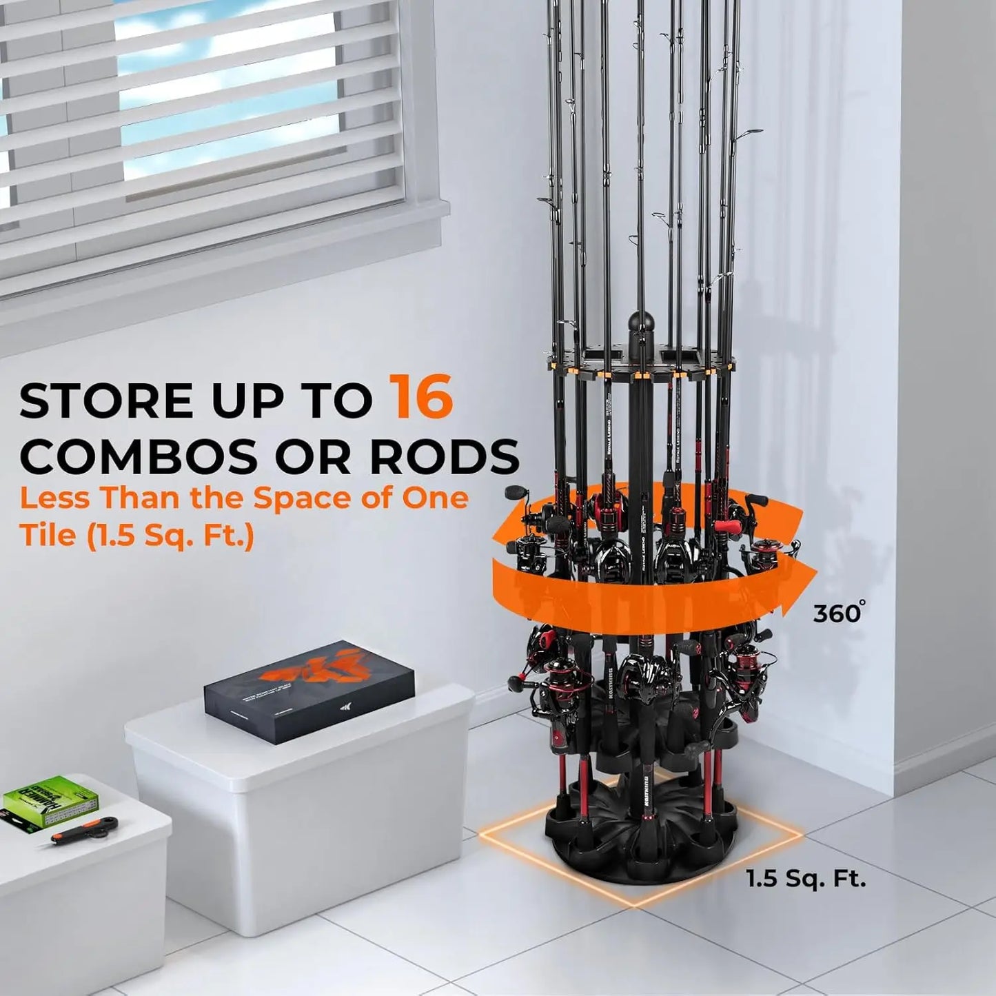 Rotating Fishing Rod Holder Garage Organizer 16 Rods Durable ABS