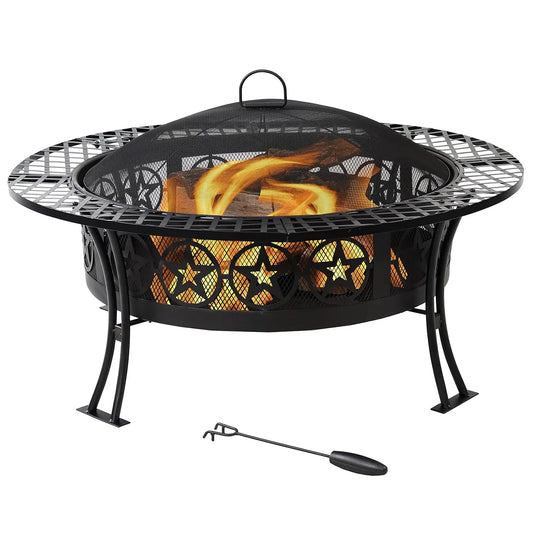 Steel Fire Pit Table With Spark Screen And Poker Outdoor