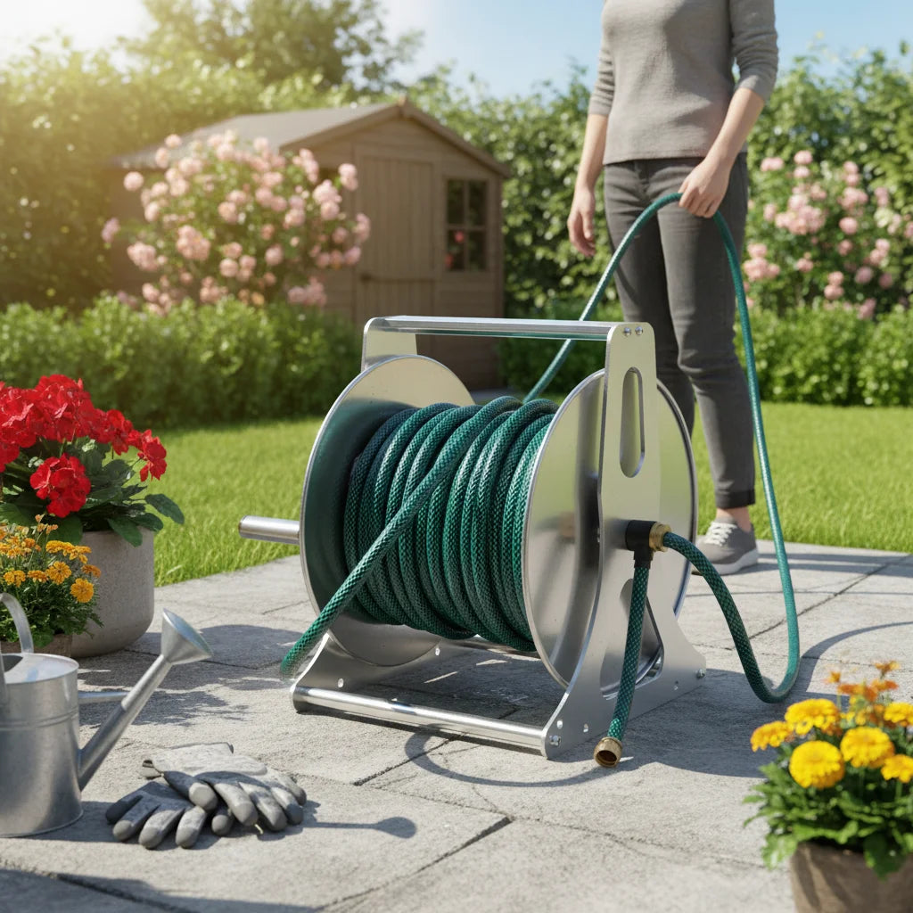 Heavy Duty Water Hose Reel Garden Storage Rack With Fittings