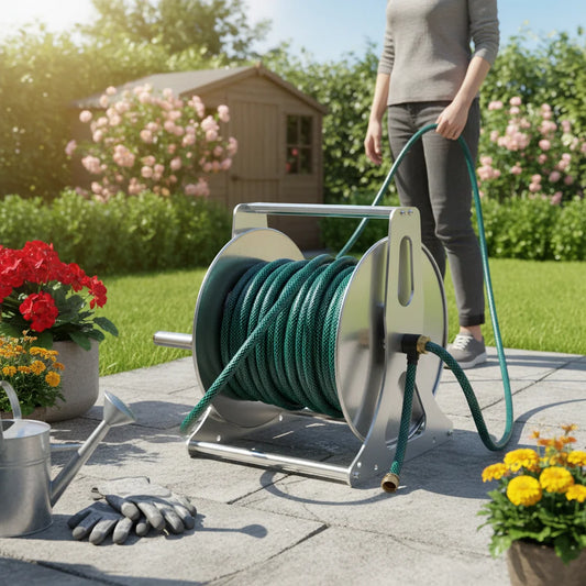 Heavy Duty Water Hose Reel Garden Storage Rack With Fittings