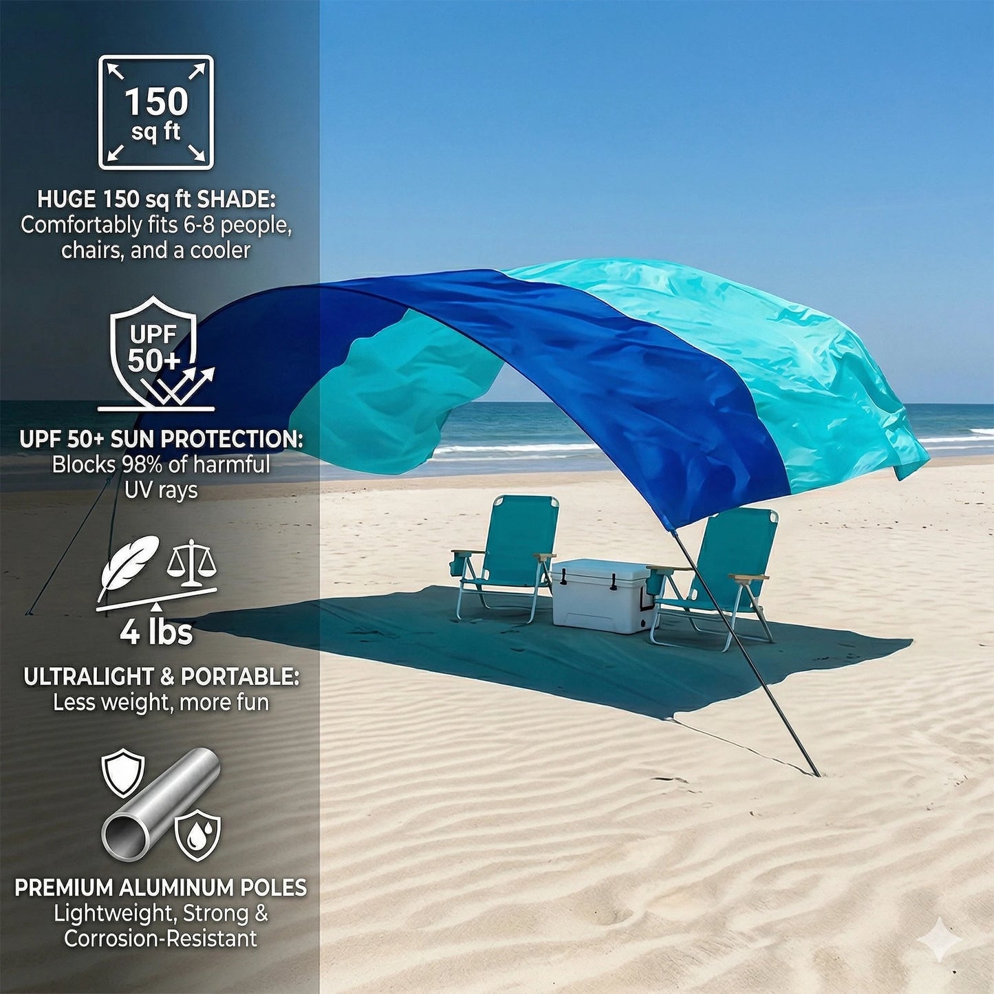 Wind Resistant Beach Shade Tent With Sand Anchors UPF 50