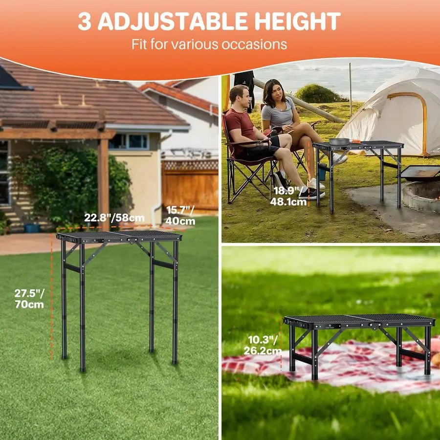 Folding Outdoor Portable Grill Table With Adjustable Heights