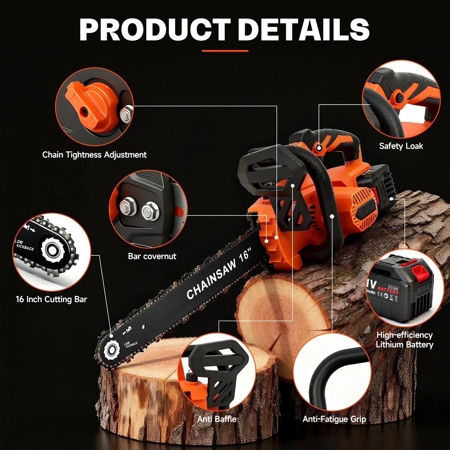 Brushless 21V Chainsaw With Two 6.0Ah Batteries and Charger