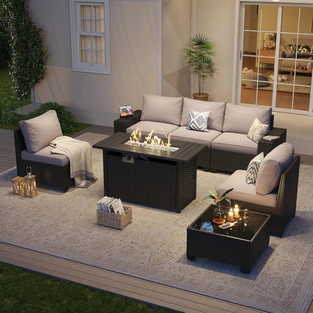 Outdoor Patio Furniture Set With Fire Pit Table 7-Piece