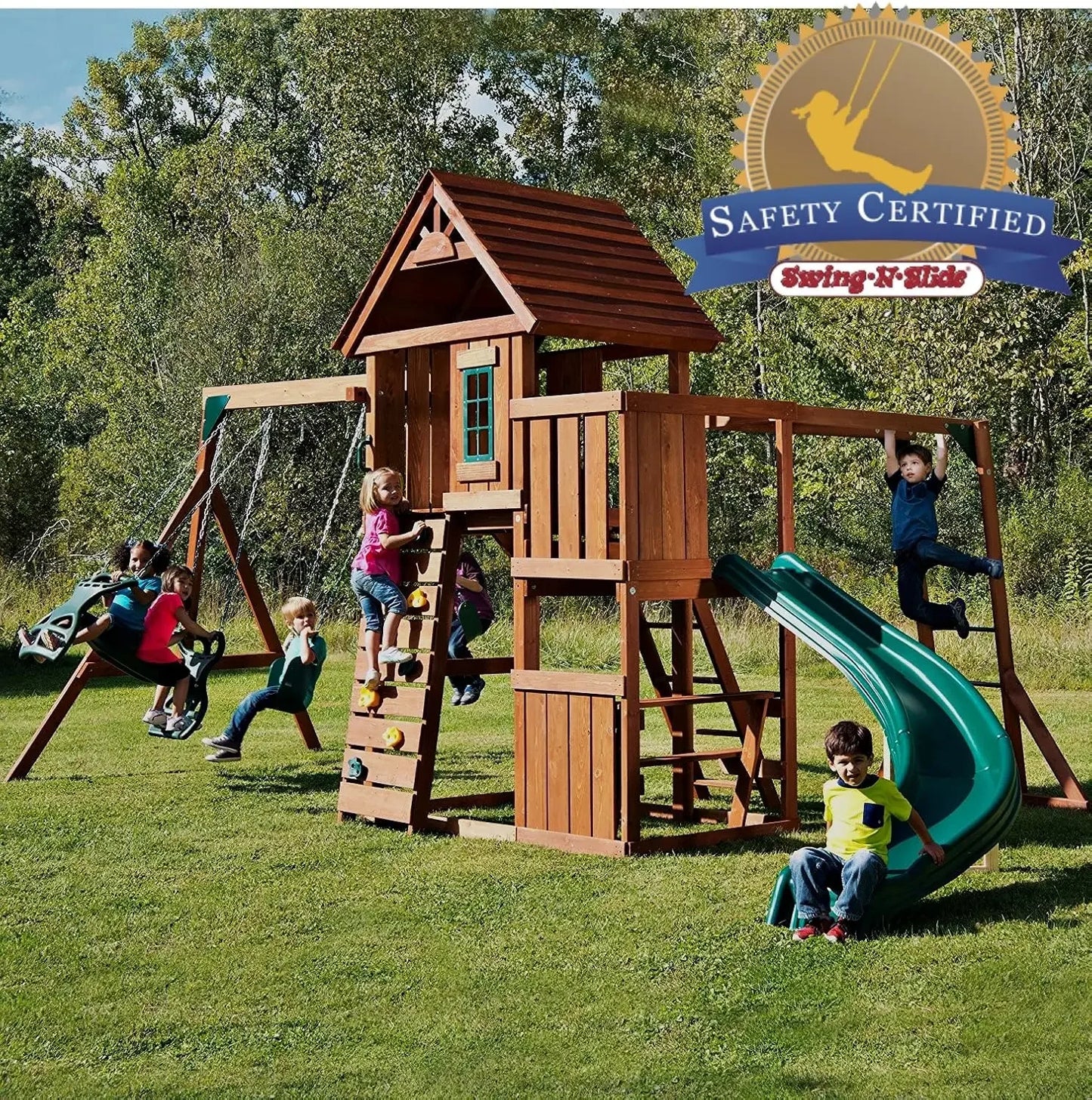 Wooden Swing Set With Two Swings Slide And Monkey Bars