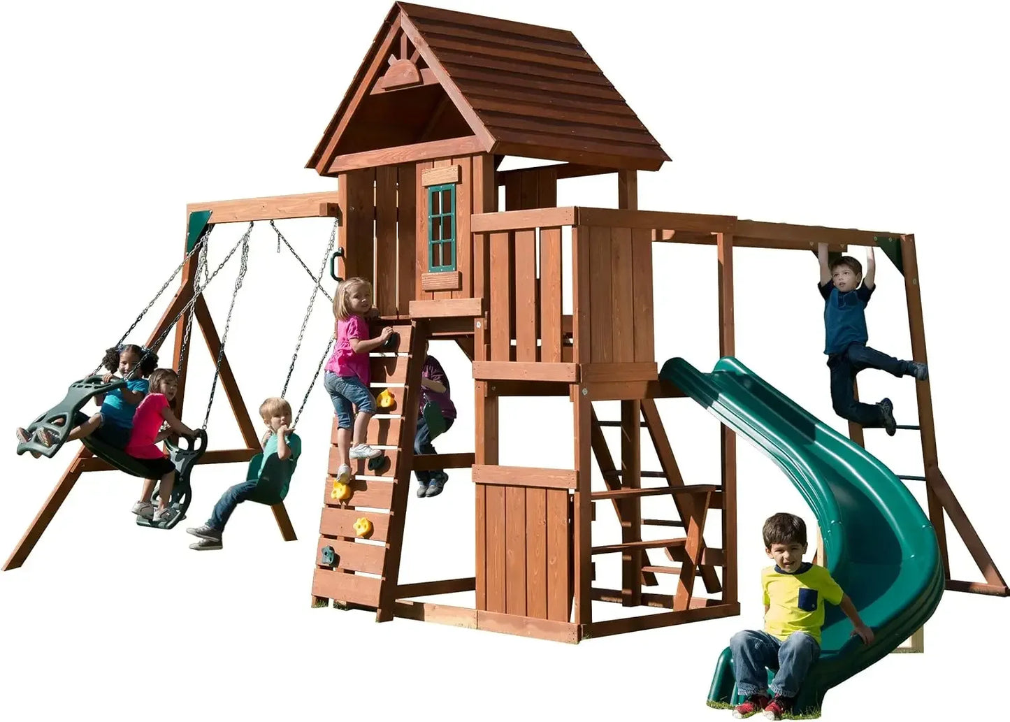 Wooden Swing Set With Two Swings Slide And Monkey Bars