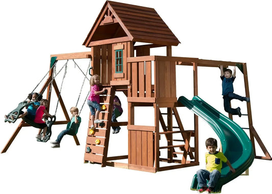 Wooden Swing Set With Two Swings Slide And Monkey Bars