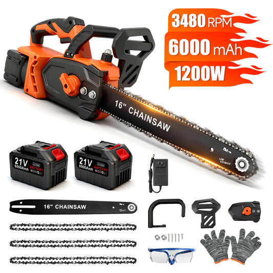 Brushless 21V Chainsaw With Two 6.0Ah Batteries and Charger