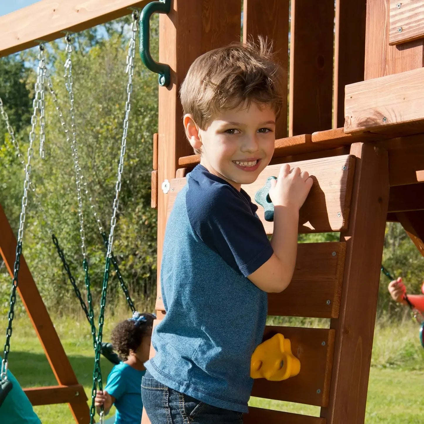 Wooden Swing Set With Two Swings Slide And Monkey Bars