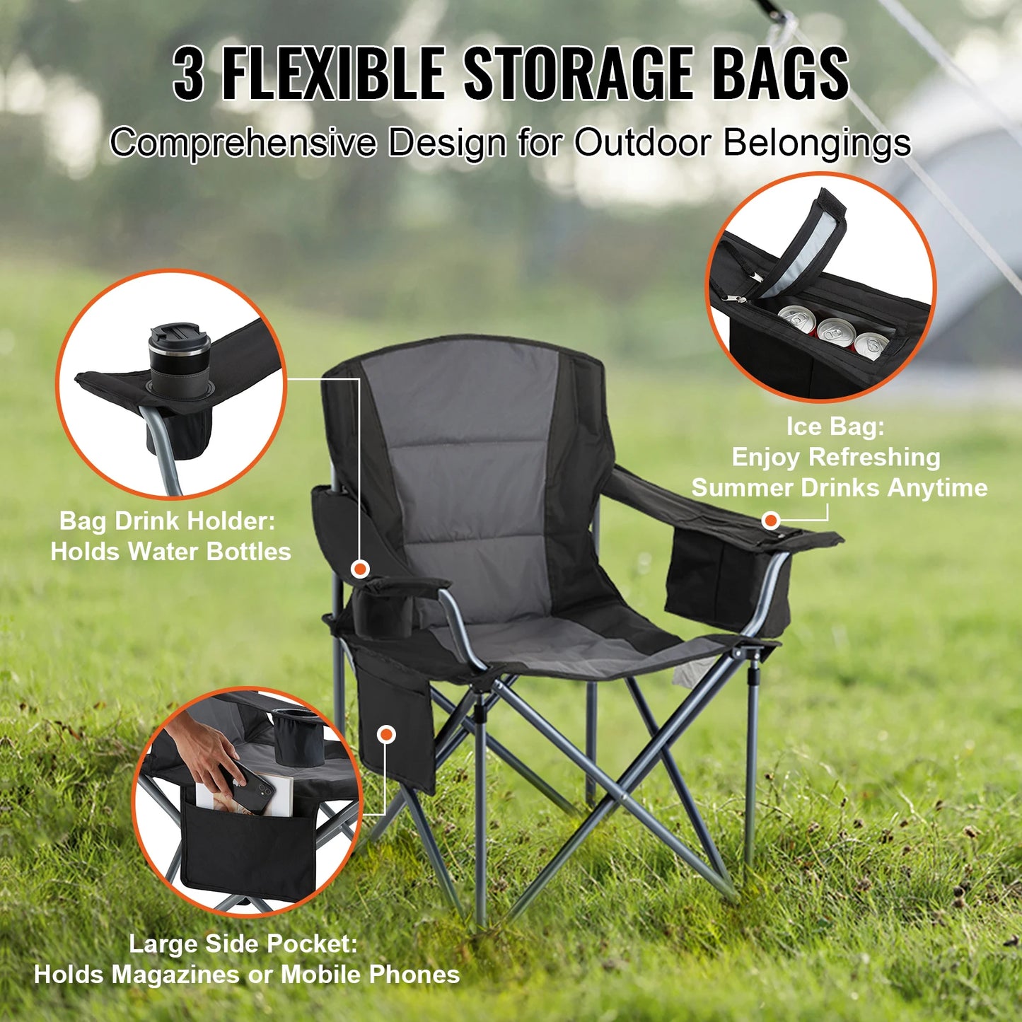 VEVOR Portable Camping Folding Chair With Quad Lumbar And Side Pockets