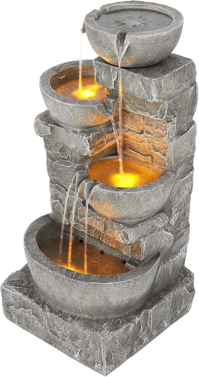 Cascading Bowls and Stacked Stones LED Outdoor Water Fountain