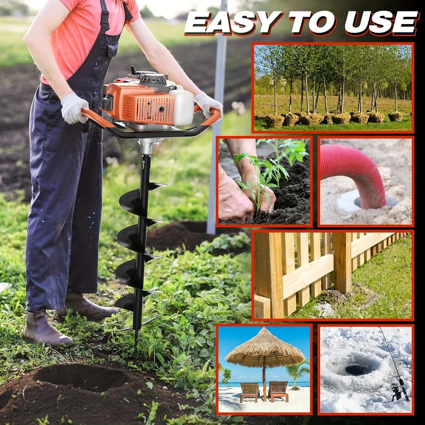 Earth Auger Post Hole Digger With 2 Extensions And Bits