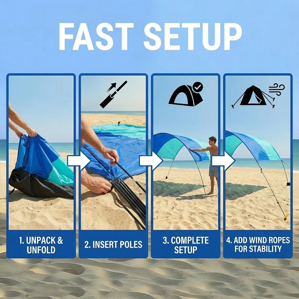 Wind Resistant Beach Shade Tent With Sand Anchors UPF 50