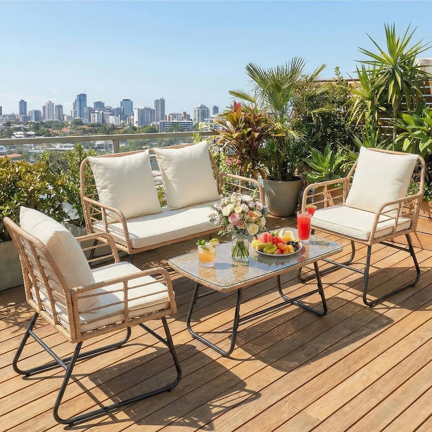 Outdoor Wicker Patio Furniture Set 4 Pieces With Cushions And Glass Table