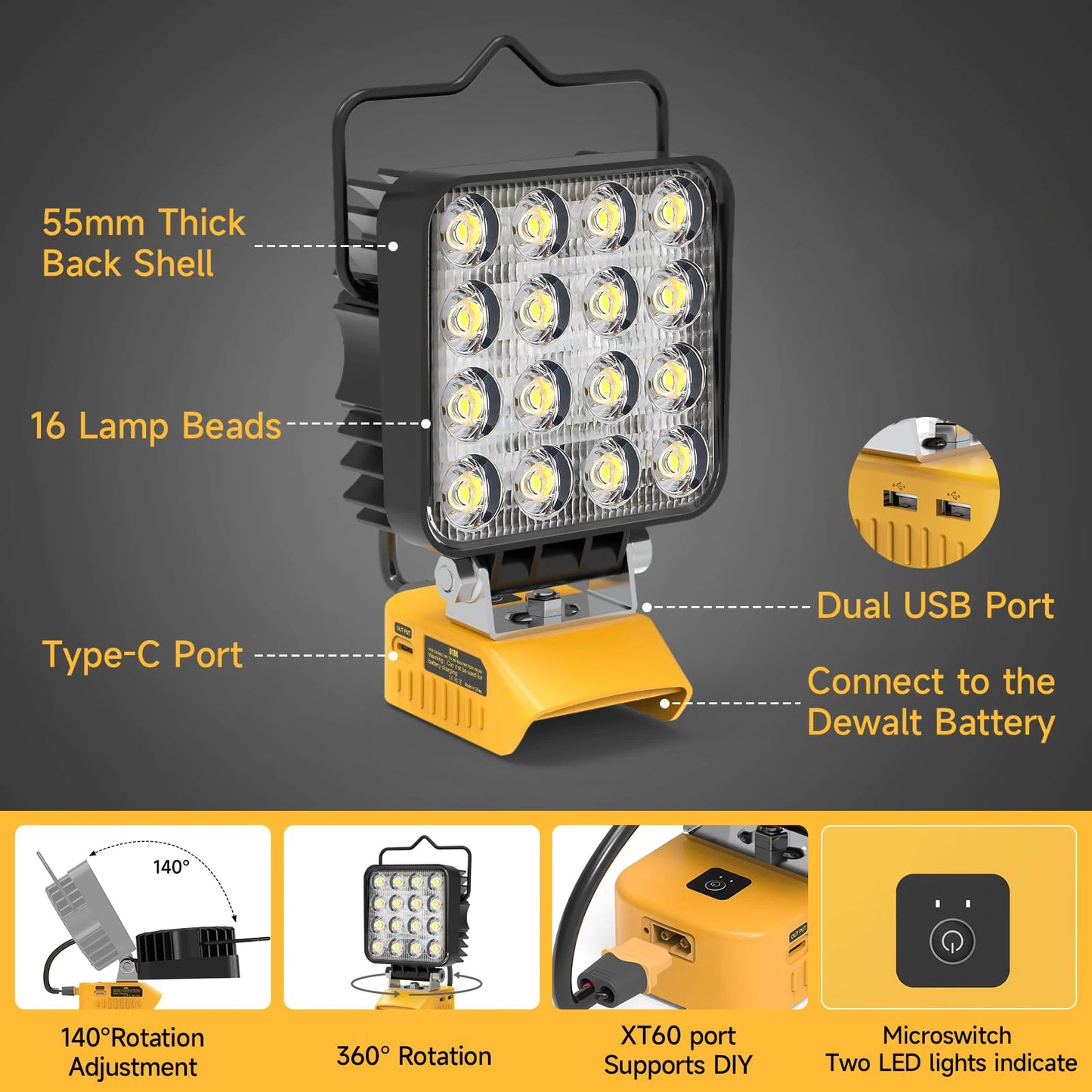 LED Work Light 48W 4800LM Compatible With DeWalt 20V Battery