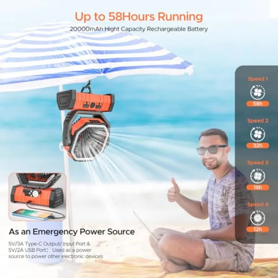 Rechargeable Portable Camping Fan With LED Lantern 20000mAh Battery