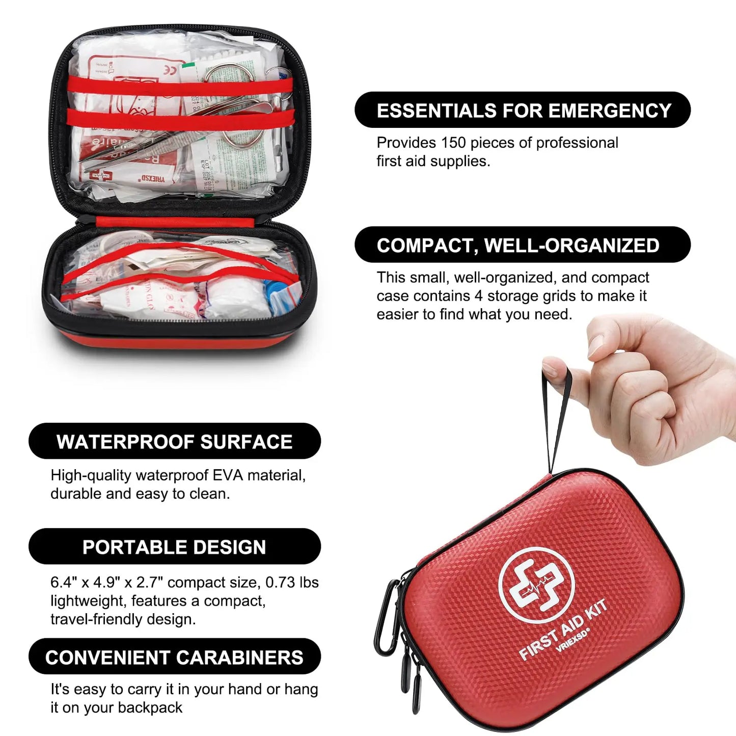 First Aid Kit 150 Piece Waterproof Hard Shell For Home Car Travel