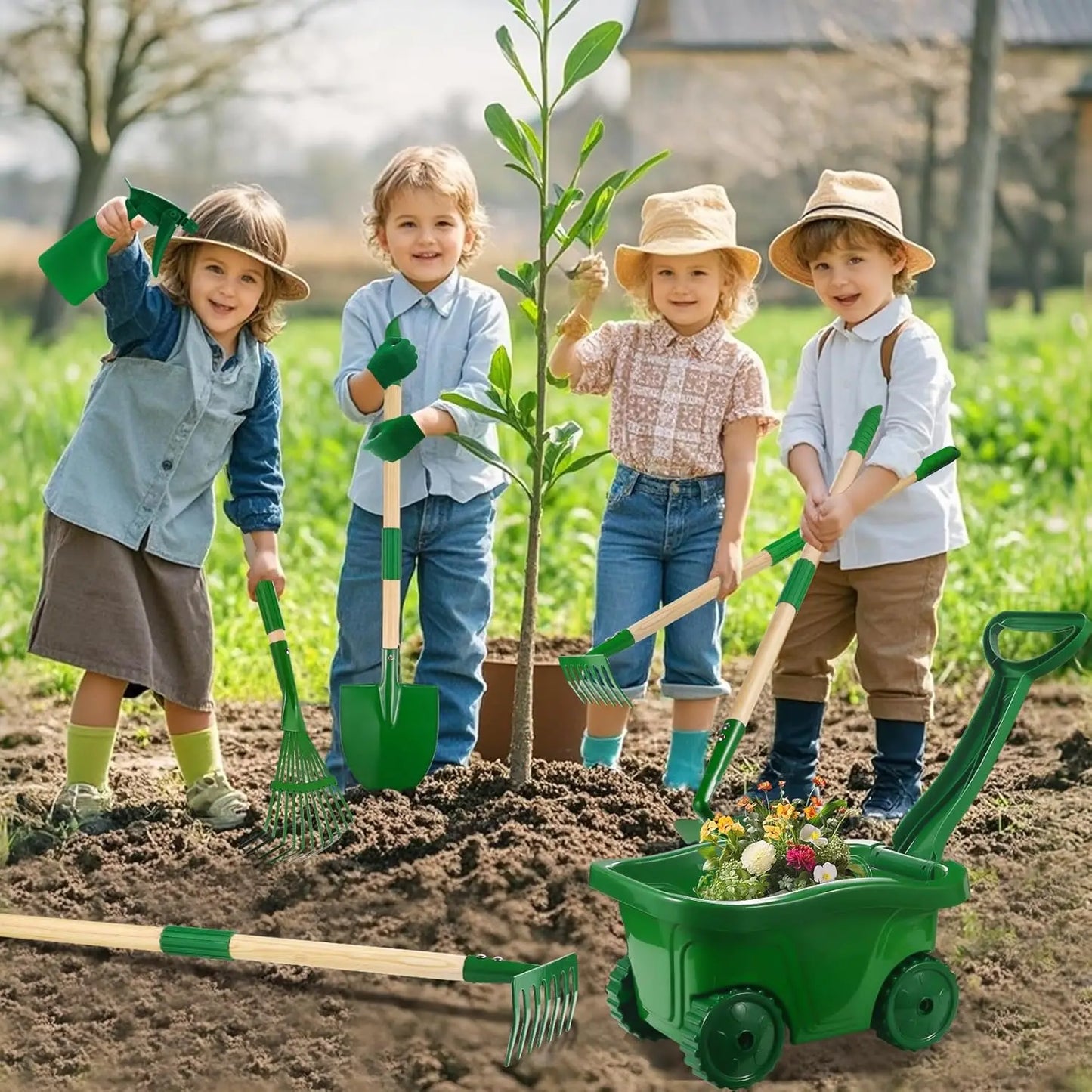 Kids Gardening Tools Set 7 Piece Wheelbarrow Shovel Rake
