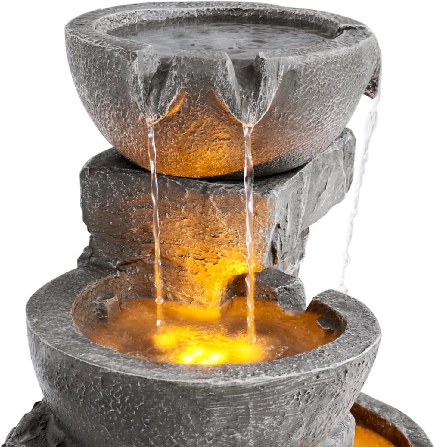Cascading Bowls and Stacked Stones LED Outdoor Water Fountain