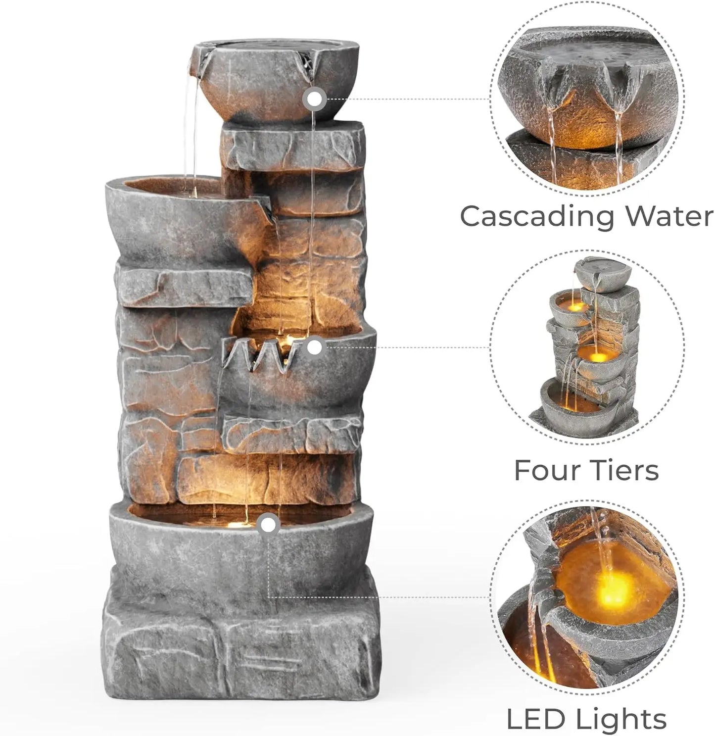 Cascading Bowls and Stacked Stones LED Outdoor Water Fountain
