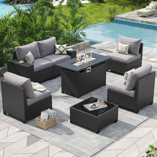 Outdoor Patio Furniture Set With Fire Pit Table 7-Piece