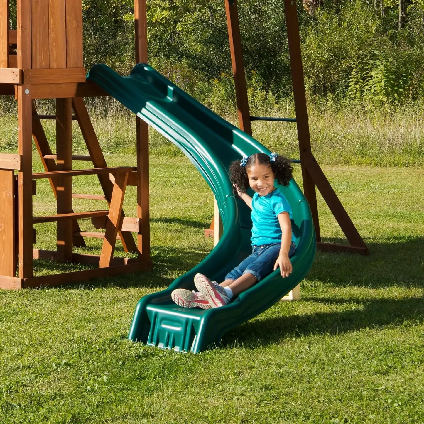 Wooden Swing Set With Two Swings Slide And Monkey Bars