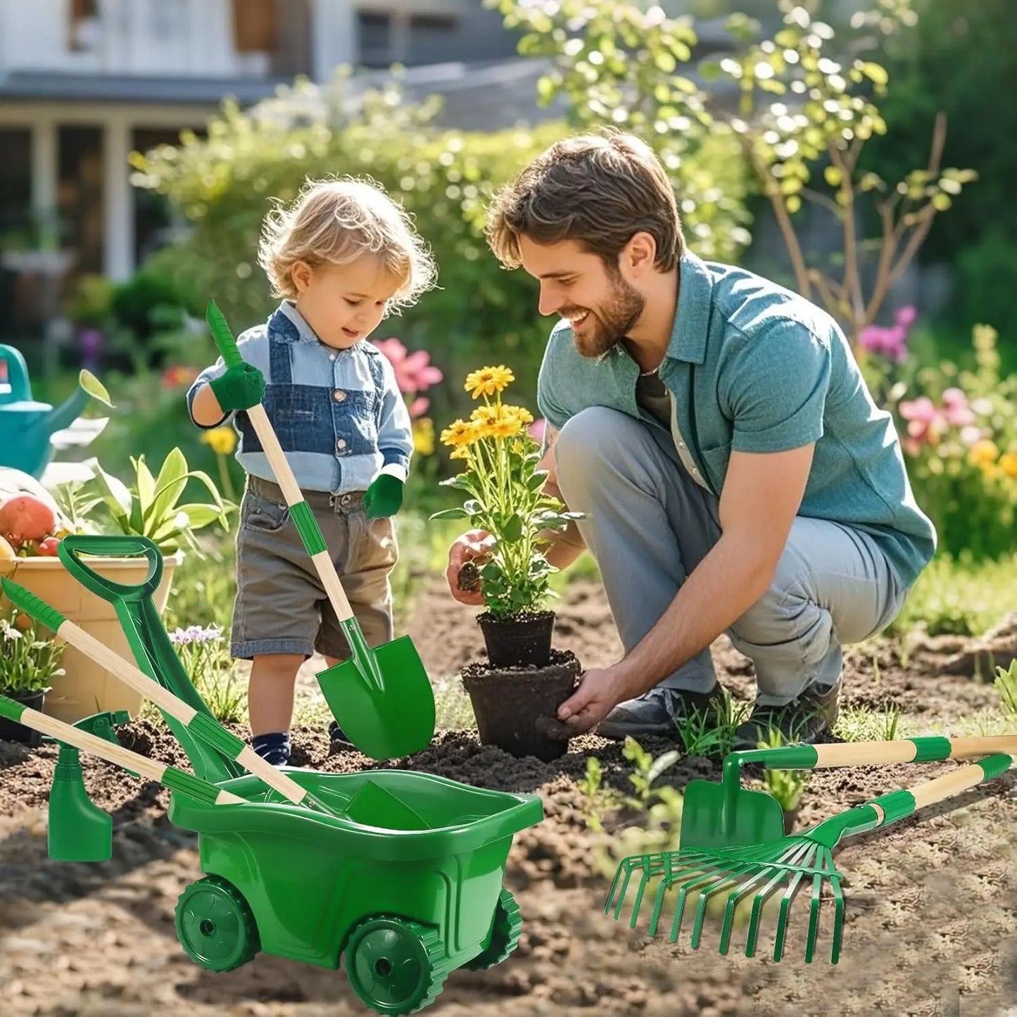 Kids Gardening Tools Set 7 Piece Wheelbarrow Shovel Rake