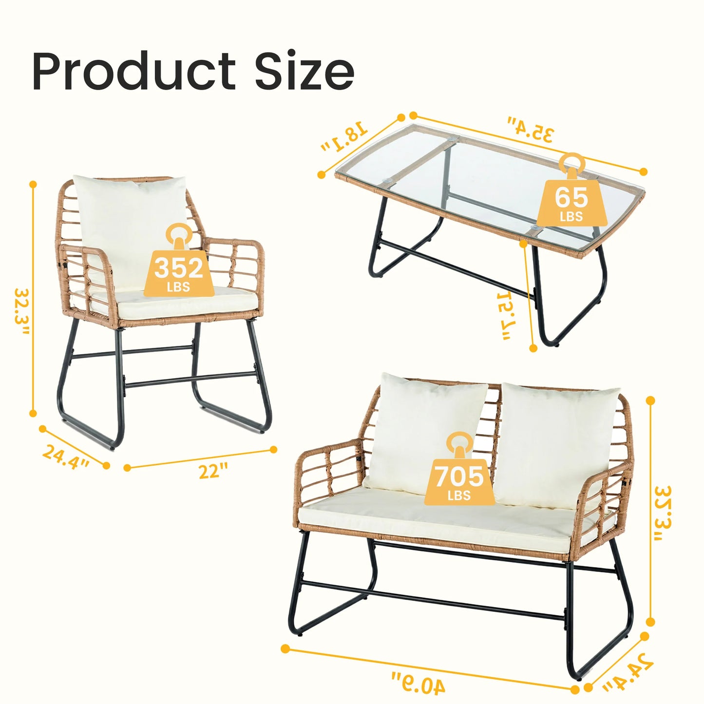 Outdoor Wicker Patio Furniture Set 4 Pieces With Cushions And Glass Table