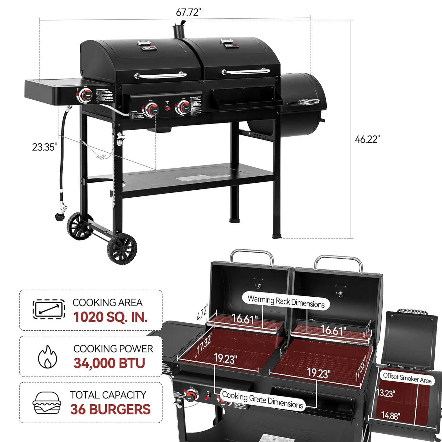 Dual Fuel Charcoal And Gas Grill With Offset Smoker