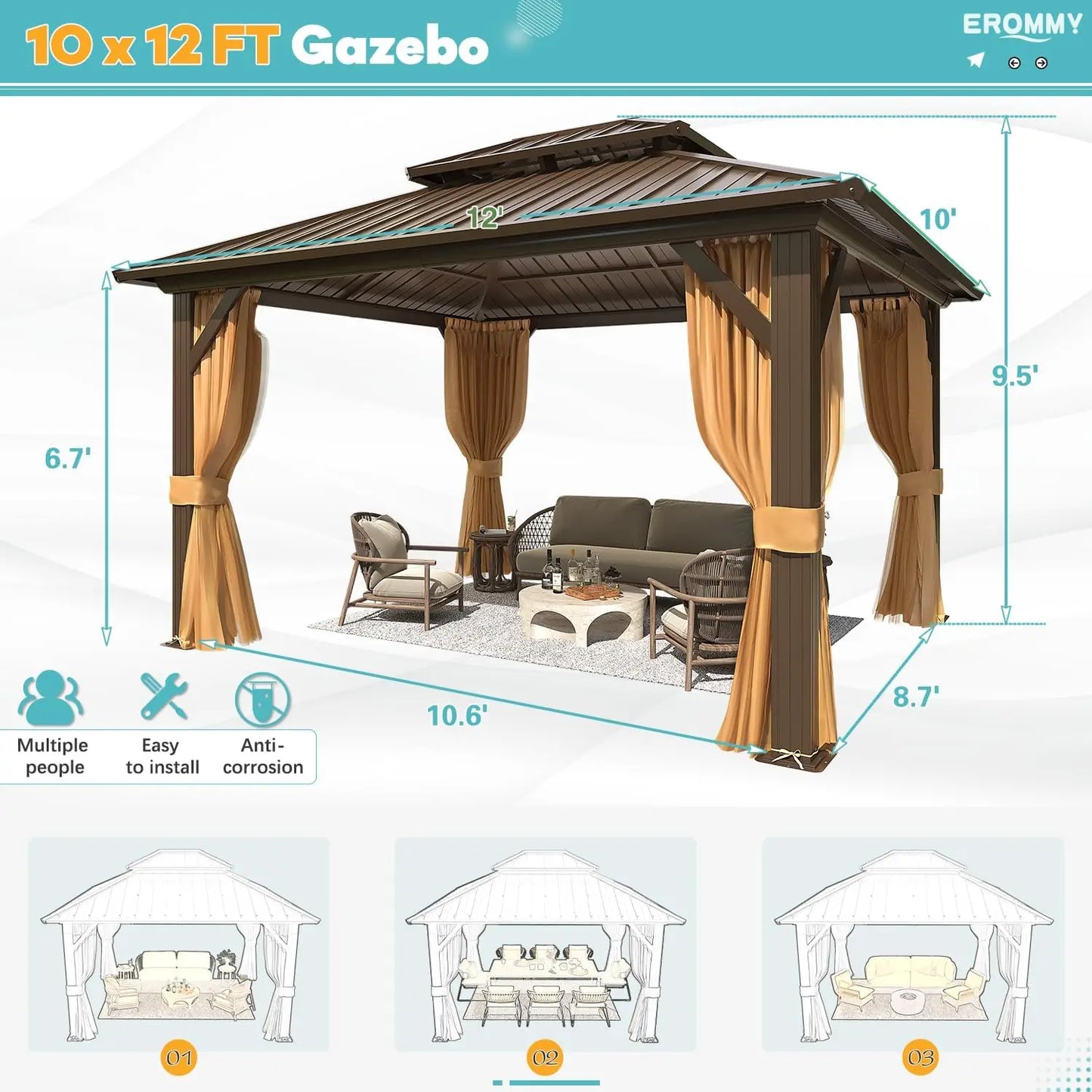 Hardtop Aluminum Frame Gazebo With Galvanized Steel Roof