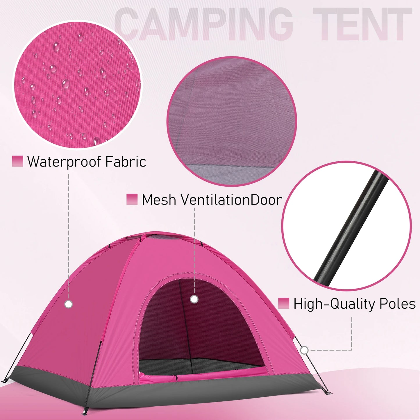 Waterproof Camping Dome Tent 180T Polyester Fiberglass Poles