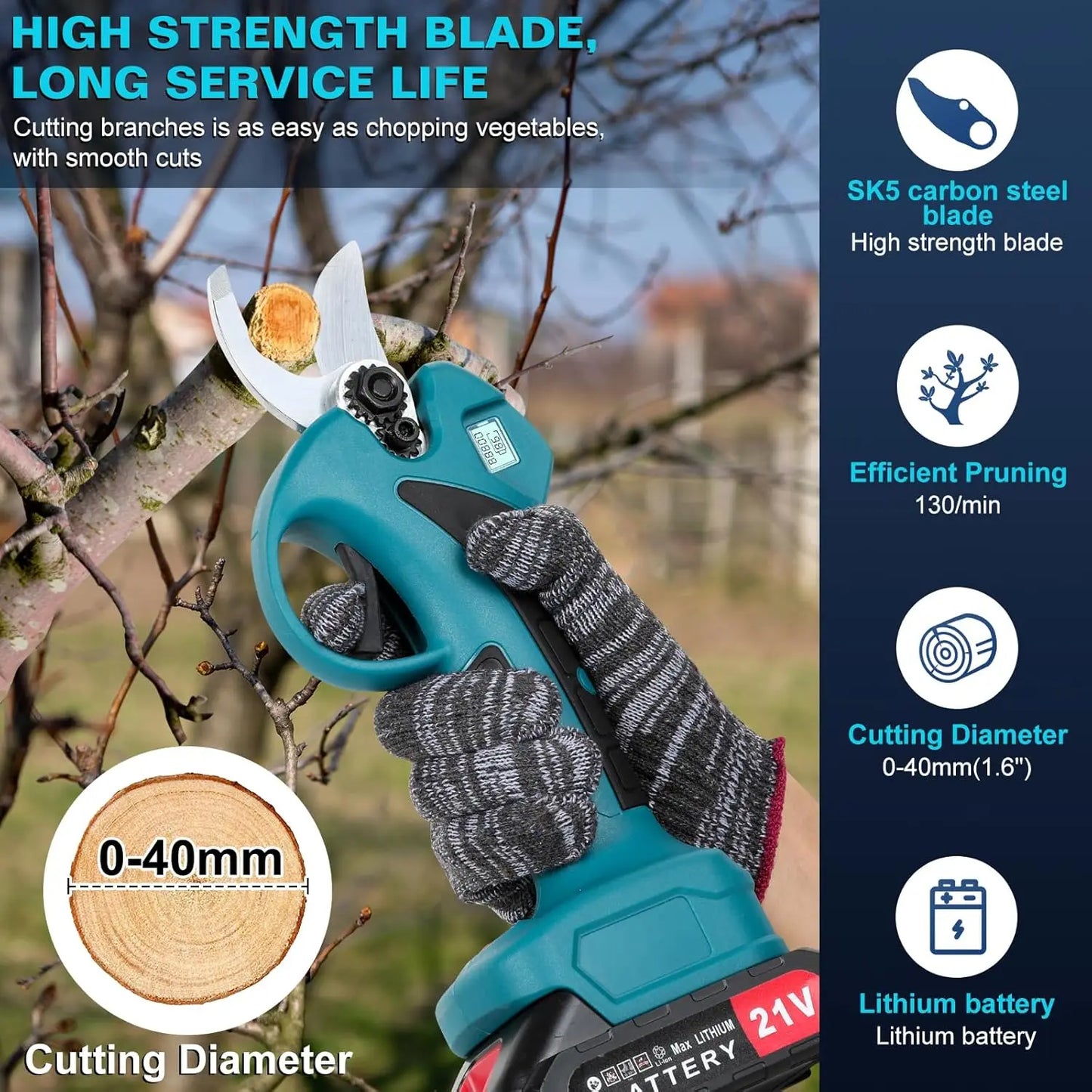 Cordless Electric Pruning Shears With LCD Display And SK5 Blade