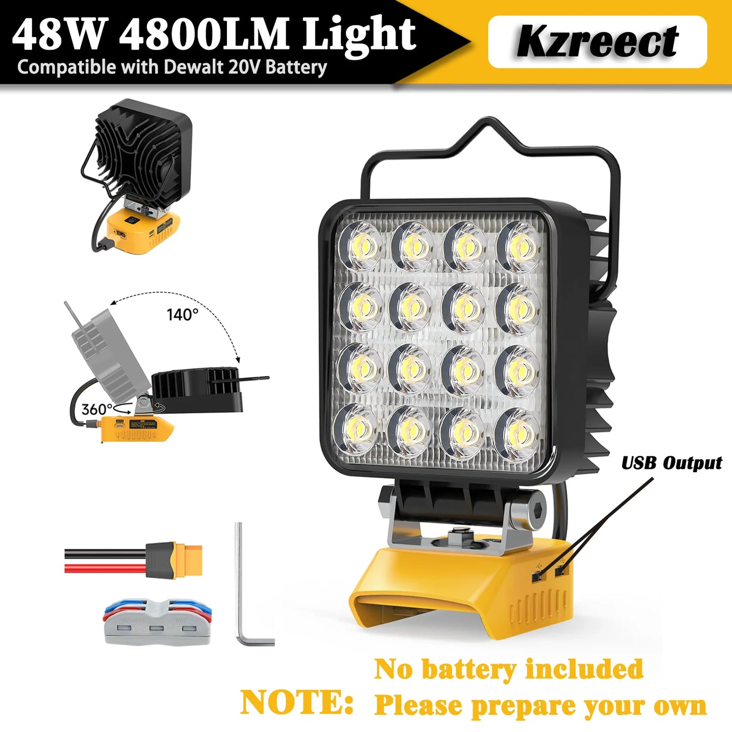 LED Work Light 48W 4800LM Compatible With DeWalt 20V Battery