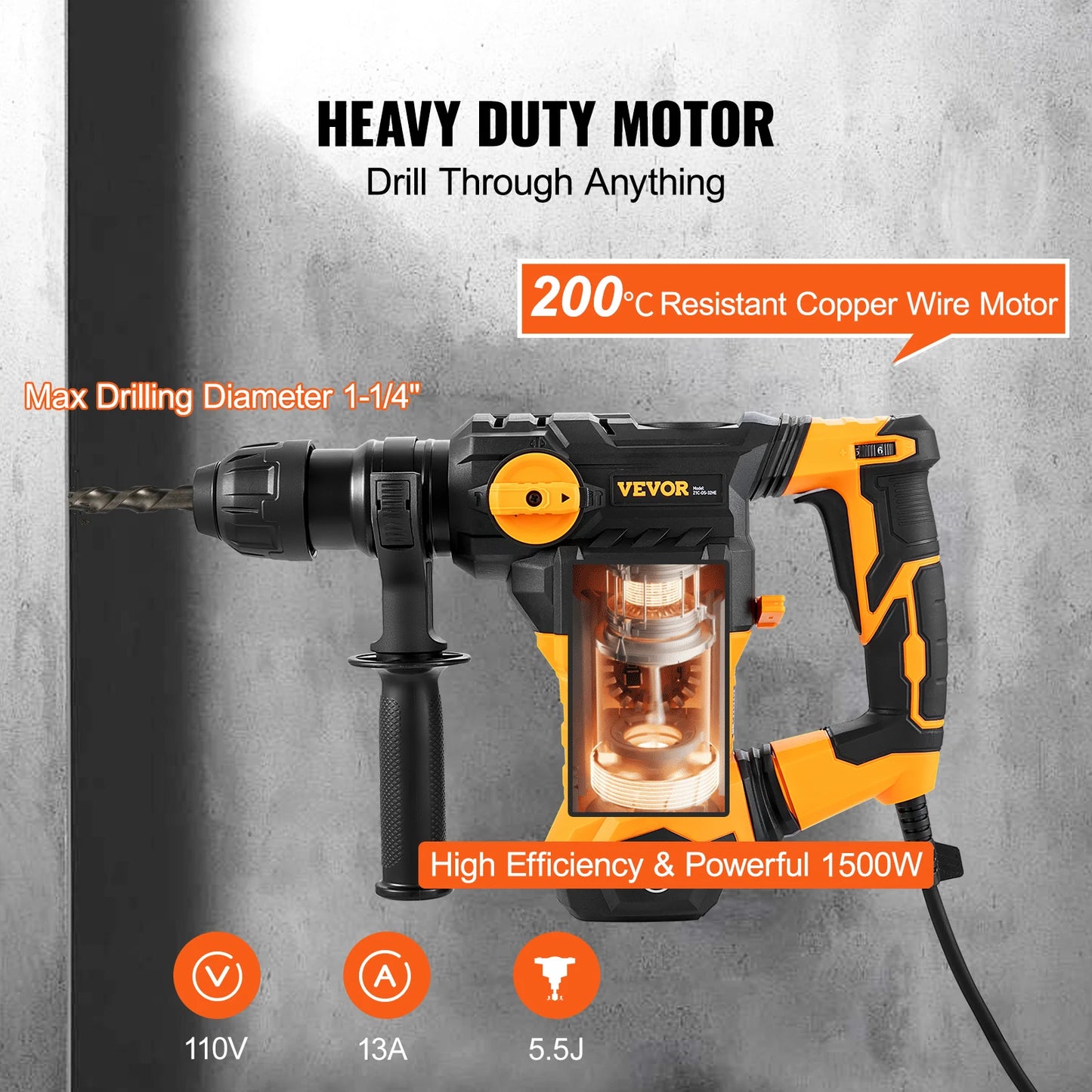 Rotary Hammer Drill 1500W SDS Plus Corded Demolition Jackhammer