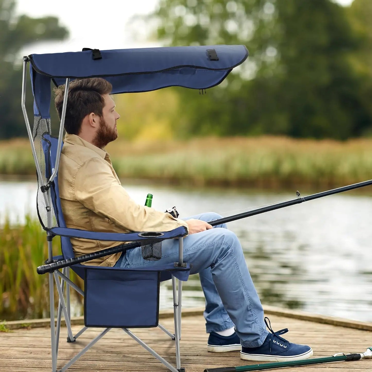 Camping Folding Chair With Canopy Cup Holder Carry Bag