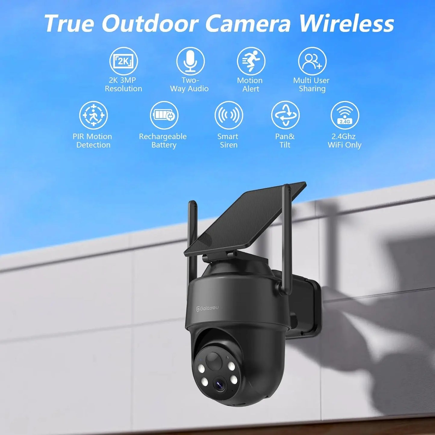 Wireless Outdoor Security Camera 2K Night Vision Alexa Solar