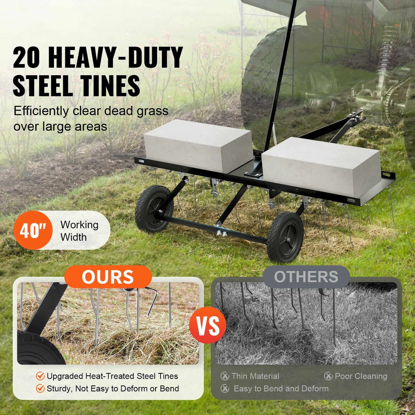 VEVOR Tow Behind Dethatcher With 20 Spring Steel Tines