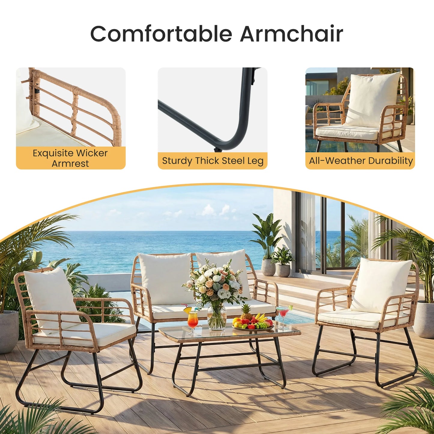 Outdoor Wicker Patio Furniture Set 4 Pieces With Cushions And Glass Table