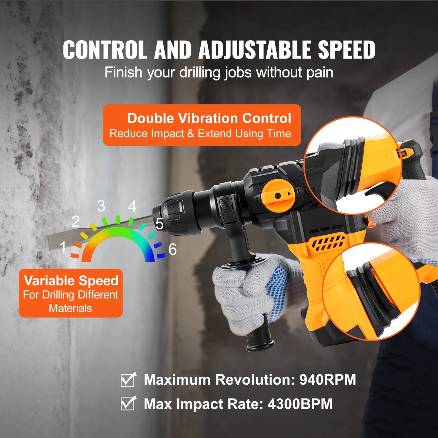 Rotary Hammer Drill 1500W SDS Plus Corded Demolition Jackhammer