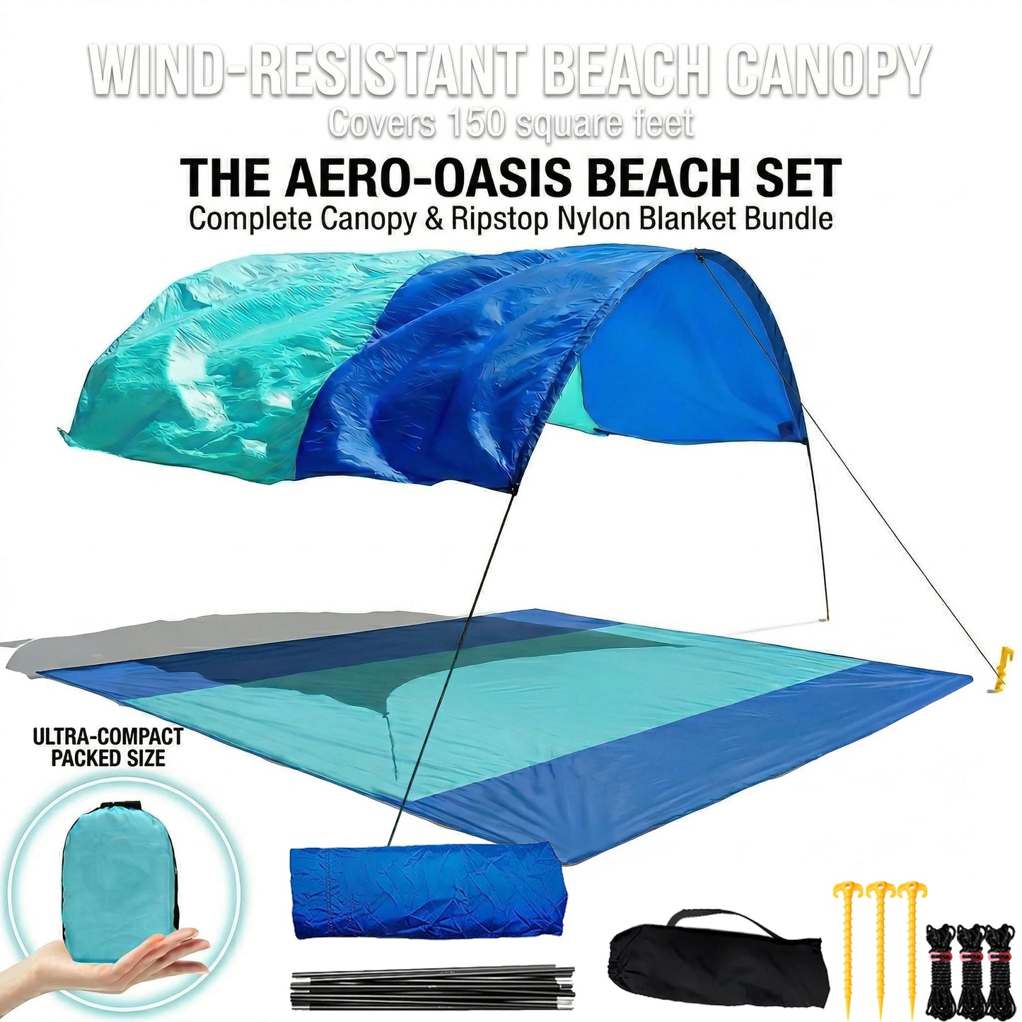 Wind Resistant Beach Shade Tent With Sand Anchors UPF 50