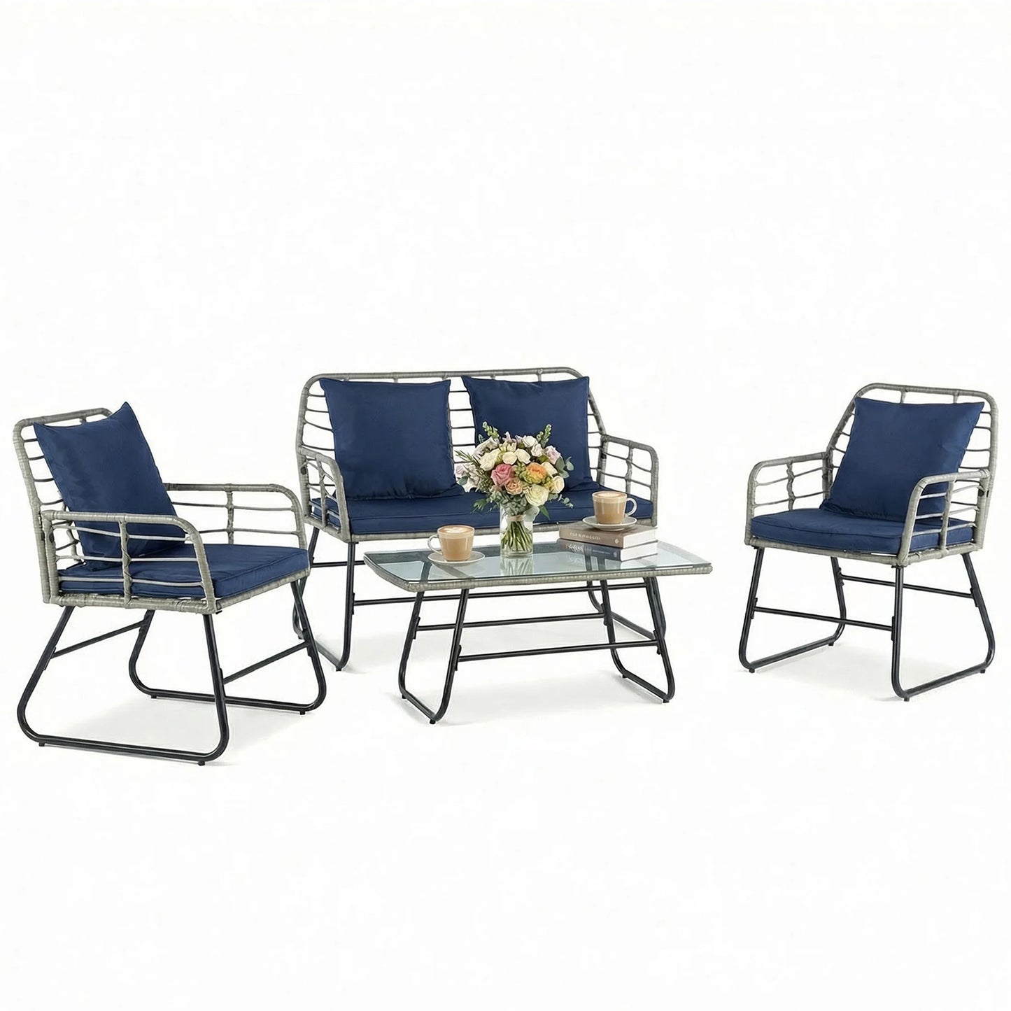 Outdoor Wicker Patio Furniture Set 4 Pieces With Cushions And Glass Table