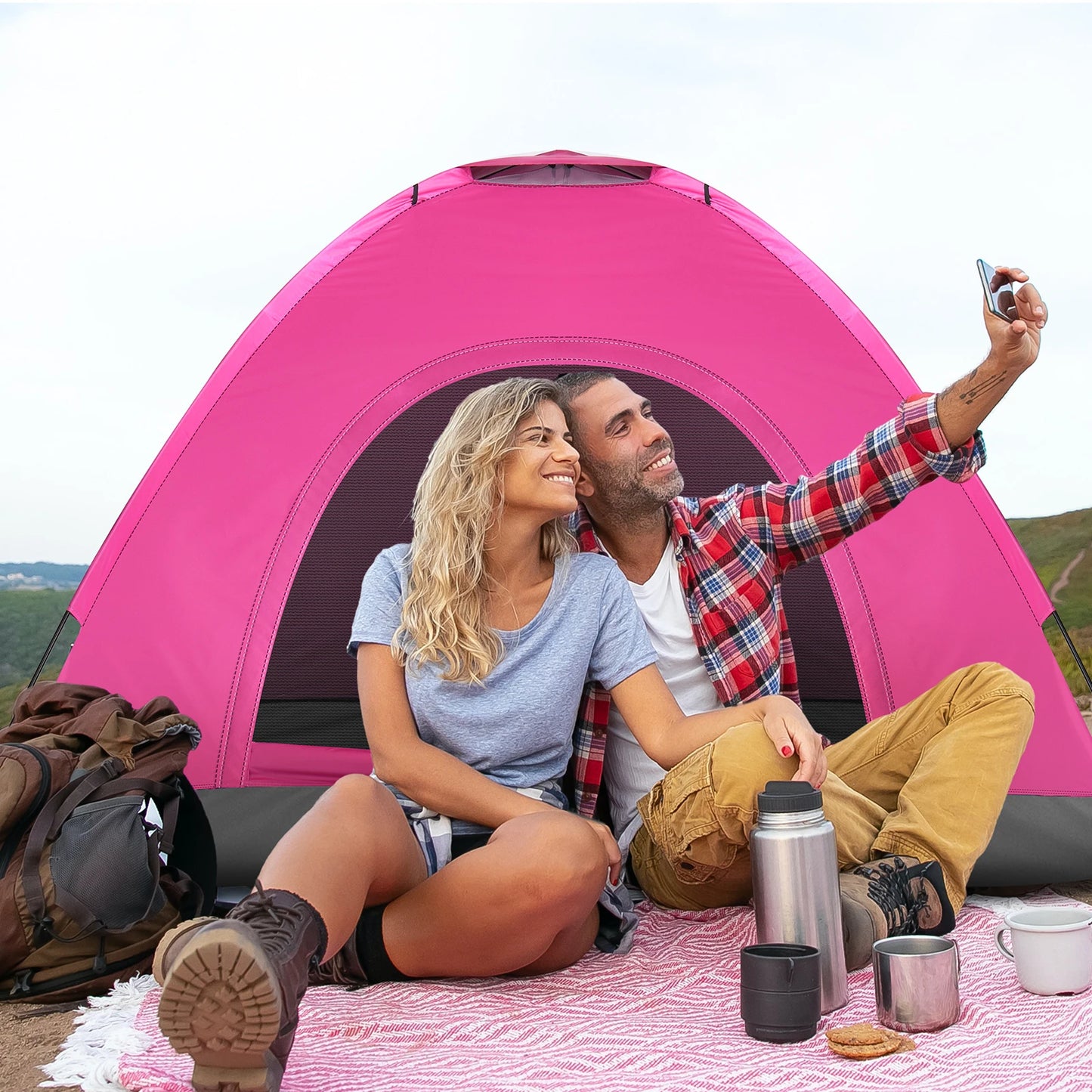 Waterproof Camping Dome Tent 180T Polyester Fiberglass Poles