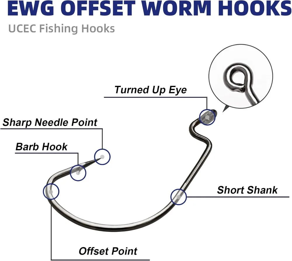 EWG Offset Worm Hooks For Bass Fishing 2X Strong Performance