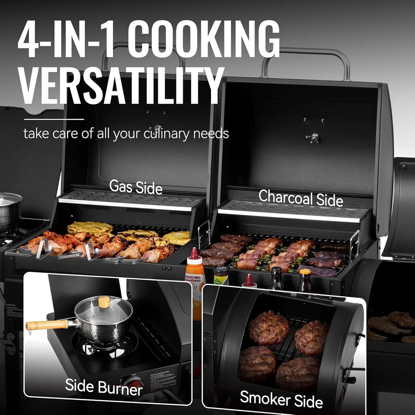 Dual Fuel Charcoal And Gas Grill With Offset Smoker